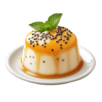 Delicious Vietnamese che ba dessert served with caramel sauce and mint leaf garnish png