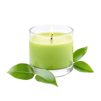 A lit green candle with leaves in a clear glass container png