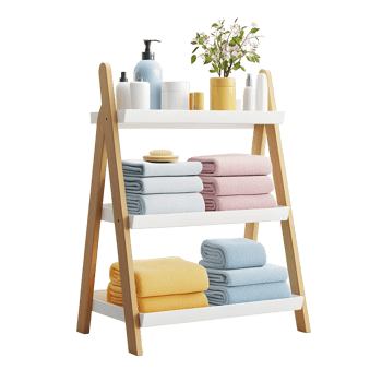 A wooden bathroom shelf displays towels and toiletries for usage png