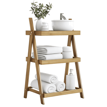 A wooden bathroom shelf holding towels and toiletries decoratively displayed png