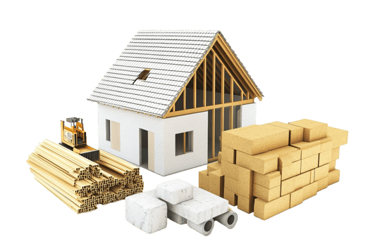 A model house construction project with various building materials displayed png