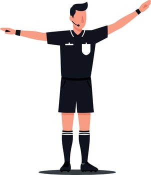 A confident soccer referee in a black uniform signaling with arms raised in a flat and minimal illustration vector