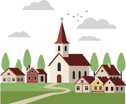 Charming village scene featuring a quaint church and colorful houses in minimal flat design art vector
