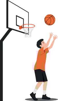 Young boy wearing orange jersey and black shorts shooting basketball towards hoop in minimal illustration vector