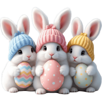 Three adorable bunnies wearing pastel-colored hats hold decorated Easter eggs cutouts png