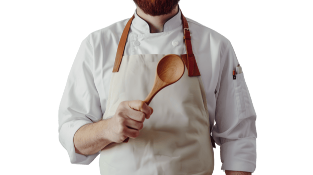 Chef in White Uniform Holding Wooden Spoon Cooking Professional with Apron and Tools Culinary png