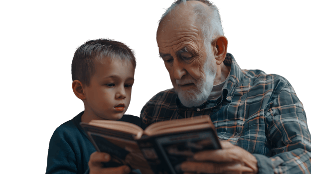 Intergenerational Bond Elderly Person and Child Sharing a Book Together png