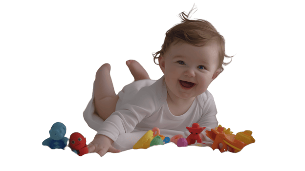 Joyful Baby Playing with Colorful Toys on a Black Background png