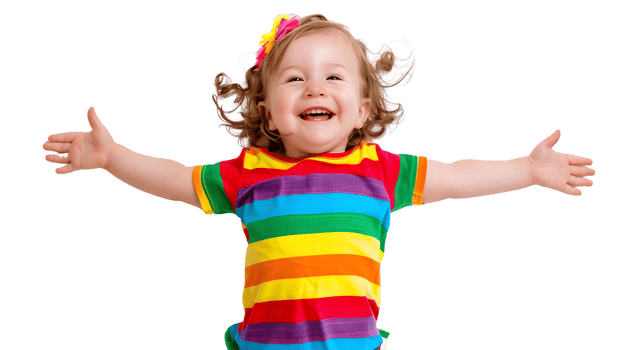 Joyful Child in Rainbow Shirt with Arms Outstretched Expressing Happiness and Freedom Perfect png