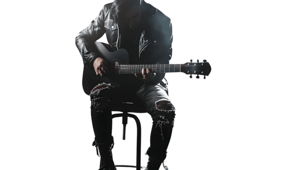 Musician in Leather Jacket Playing Acoustic Guitar on a Dark Background Perfect for Music Fas png