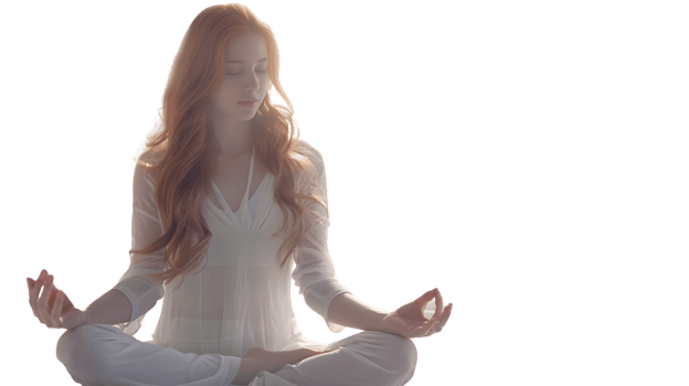 Woman meditating in a peaceful pose serene and calm wearing white clothing png