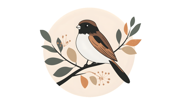 Charming Bird Perched on a Branch with Autumn Leaves and Floral Elements png