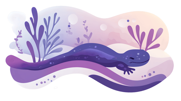 Charming Purple Salamander in a Whimsical Underwater Scene with Seaweed and Bubbles png