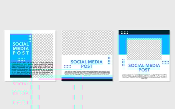 Three social media post templates with blue and black accents. vector