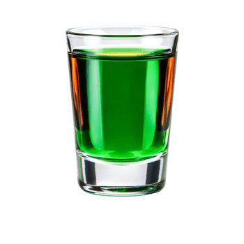 Colorful shot glass with vibrant green and orange layers of liquid png