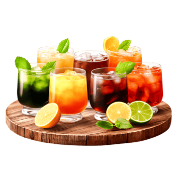 Colorful Variety of Refreshing Drinks Arranged Wooden Platter png