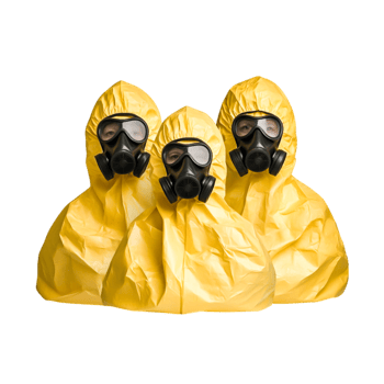 Three Individuals in Yellow Hazmat Suits with Gas Masks in Studio Setting png