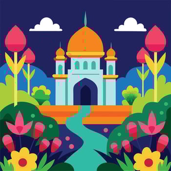 an illustration of a mosque with flowers and trees vector