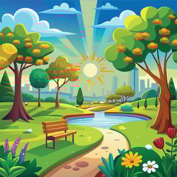 illustration of a beautiful park with a bench and trees vector