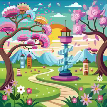 a cartoon illustration of a park with trees and a fountain vector