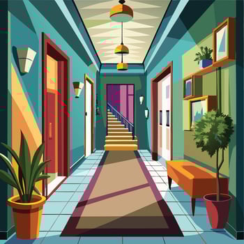 an illustration of a hallway with stairs and plants vector