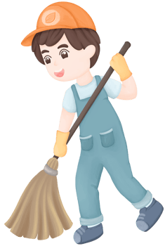 a boy in overalls and hat sweeping the floor png