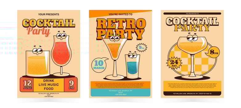 Groovy character cocktails. Set retro party invitation poster, flyer with alcoholic or nonalcoholic drinks. Vintage illustration for cafe, bar, pub vector
