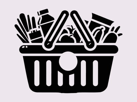 Grocery Shopping Basket Silhouette with Fresh Vegetables and Goods for Retail and Market Concepts vector