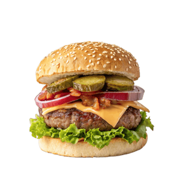 Juicy Cheeseburger with Pickles, Onions, and Bacon Gourmet Burger Photography png