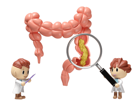 3d human colon cross section with waste in the intestine, doctor hand holding magnifying glas, check list isolated. check colon health, constipation concept, 3d illustration render png