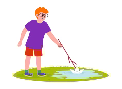 Boy using a stick to navigate a paper boat in a small pond during a sunny day vector