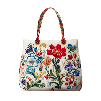 Elegant Handbag with Floral Embroidery and Woven Handles png