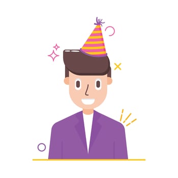 This illustration features a smiling man wearing a party hat, representing celebration, joy, and a festive mood. vector