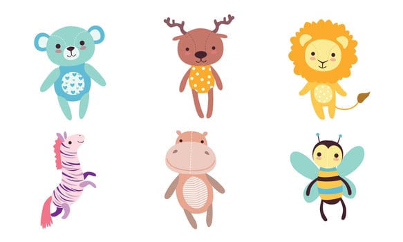 Cute Toy Animals Collection, Bear, Deer, Lion, Zebra, Hippo, Bee Illustration vector