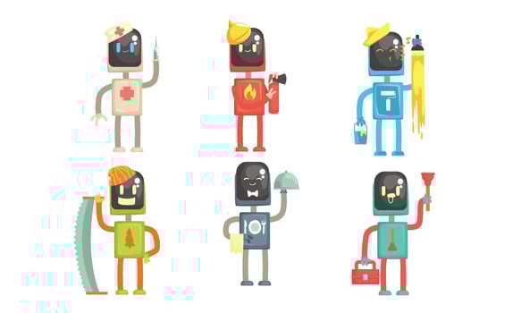 Robots of Different Professions Collection, Doctor, Fireman, Painter, Lumberjack, Waiter, Plumber Illustration vector