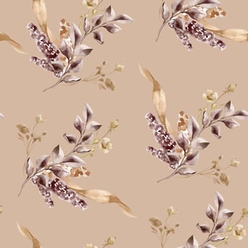Monochrome dryed herbs in sand tone hand drawn by watercolor seamless pattern. Design background with Abstract leaves on branch in maroon color. Design of textile, package, printed products. vector