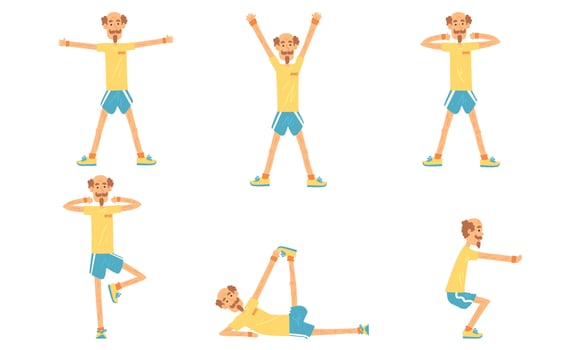 Cheerful Mature Man Doing Morning Exercises Collection, Active Healthy Workout of Aged Person, People Engaged in Sports Illustration vector