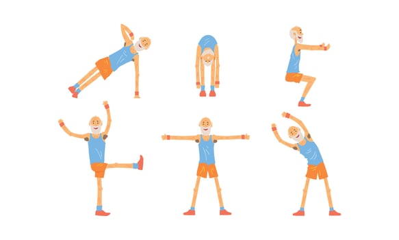 Senior Man Doing Morning Exercises Collection, Active Healthy Workout of Aged People Illustration vector