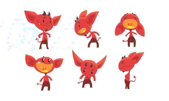 Cute Red Devil with Various Emotions and Actions Collection, Funny Demon Cartoon Characters Illustration vector