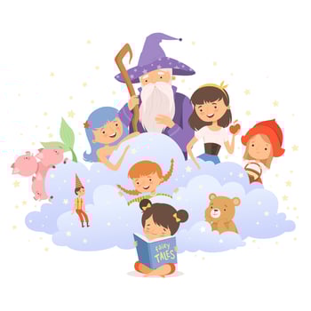 Little Girl Holding Opened Book Reading Fairy Tale with Fairy-tale Characters Sitting Behind Her Illustration vector