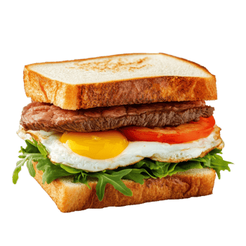 Delicious beef and egg sandwich on toasted bread featuring fresh vegetables against a transparent background, sandwich of beef and eggs isolated on transparent background png