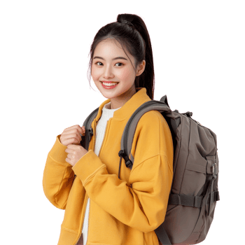 Happy Asian teen girl confidently holding her backpack against a pink background ready for school, Happy Asian student teen girl hold backpack isolated on pastel pink background. png
