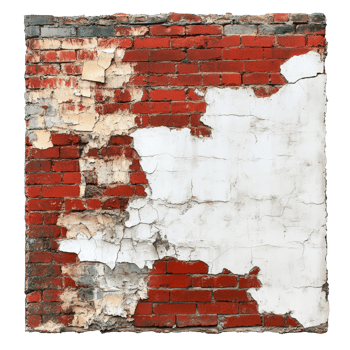 Weathered red brick wall showing cracks and peeling paint in an abandoned structure revealing years of neglect, Ruined, collapsed, cracked, or broken weathered red brick wall transparent background png