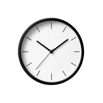 A simple wall clock with a black frame and minimal design casting a soft shadow on a transparent background, simple wall clock, file of isolated object with shadow on transparent background png