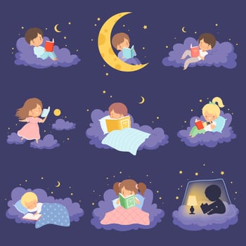 Cute Blonde Little Girl Sitting and Lying on Clouds at Night and Reading Books Collection Illustration vector