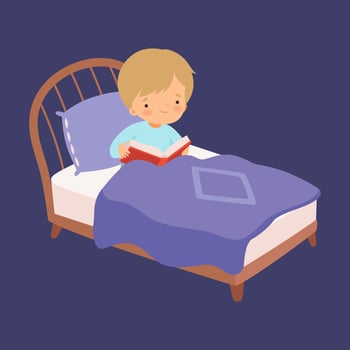 Cute Boy Reading a Bedtime Story in the Bed at Night Illustration vector