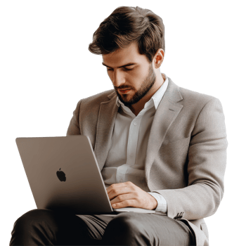 Businessman with laptop engaged in work at a modern office during daytime hours, file no background Businessman connecting with his laptop png