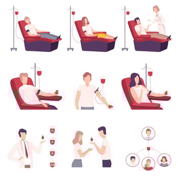 Donors Giving Blood in Medical Hospital Collection, Volunteers Characters Sitting in Medical Chair Donating Blood Flat Illustration vector
