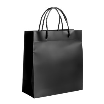 Black paper shopping bag standing alone on a transparent background with transparent highlights, black paper shopping bag isolated on transparent background png