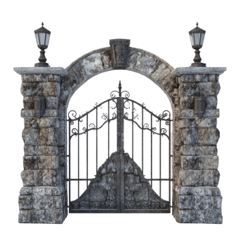 A beautiful stone gate with decorative lanterns in front of a pristine transparent background, Beautiful stone gate on a transparent background png